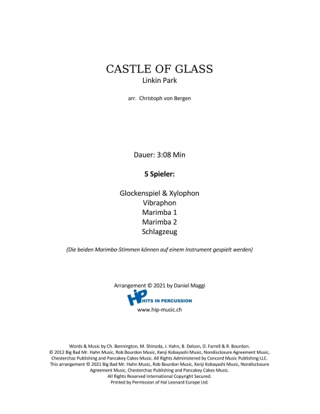 Castle of glass - arr. Christoph Von Bergen - HITS in PERCUSSION. Partition pour ensemble de percussions.