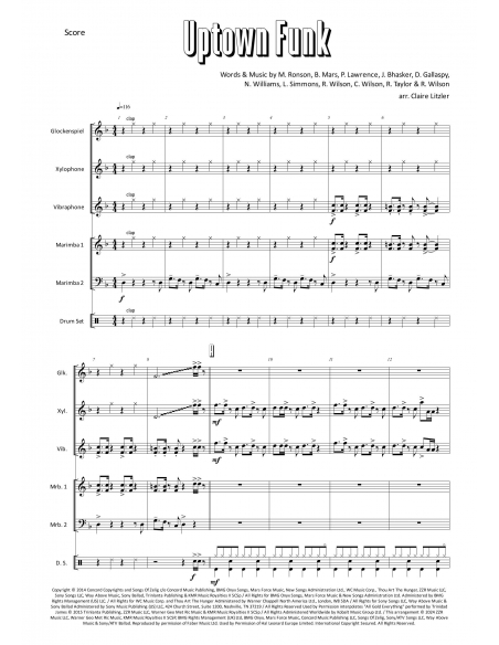 Uptown Funk - arr. Claire Litzler - HITS in PERCUSSION. Partition pour ensemble de percussions.